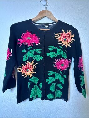 Floral Beaded Black Button-Front Sweater